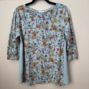 J. Jill Floral Cotton Tunic Top Blue Panel Ditsy Feminine Comfy 3/4 Crew Neck M